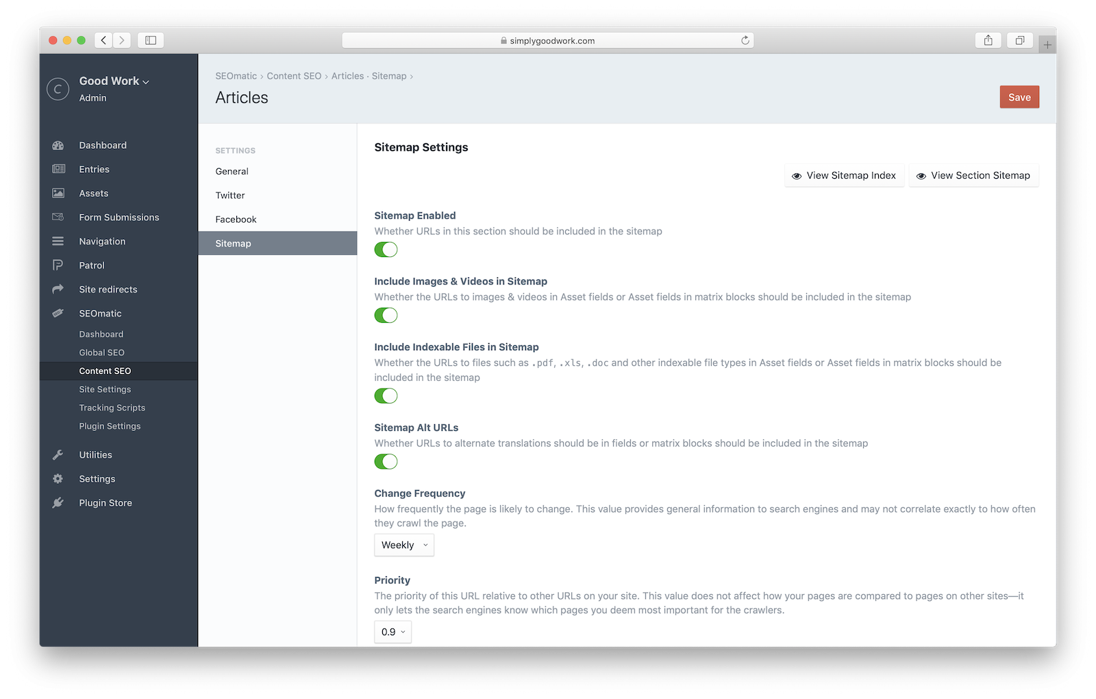 XML sitemap configuration with SEOmatic