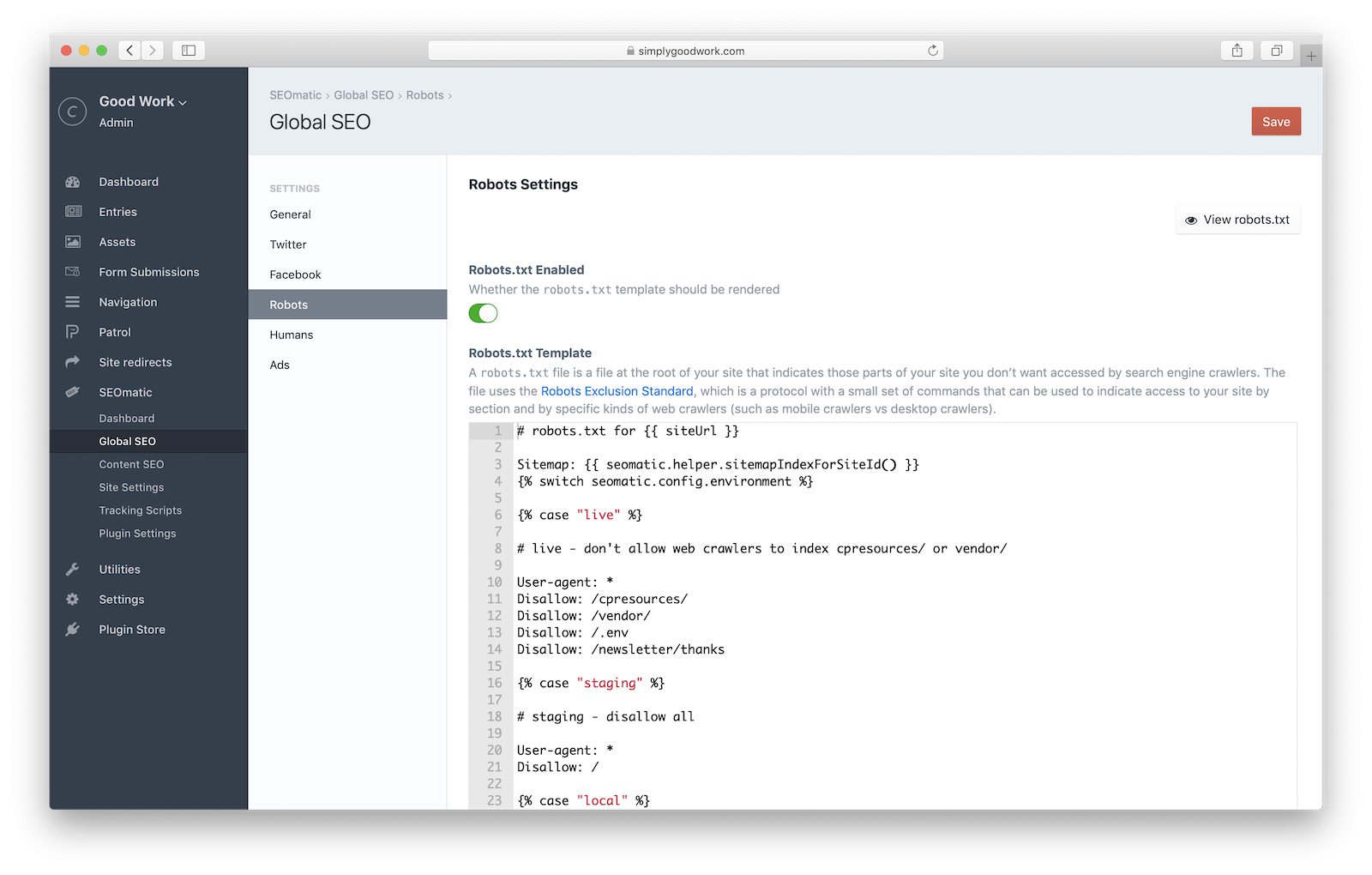 Managing Robots.txt in SEOmatic