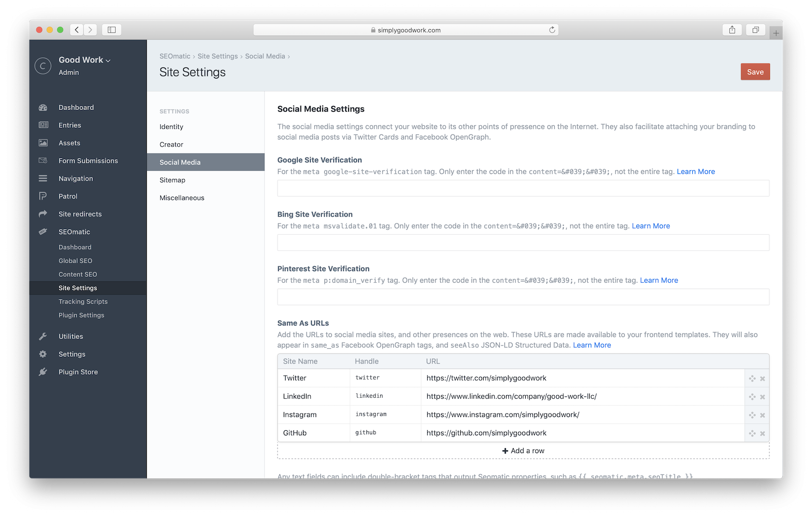 Site verification with SEOmatic