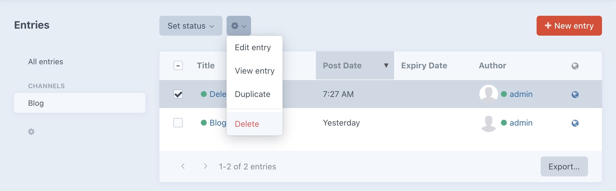 Deleting an entry from the Craft CMS control panel