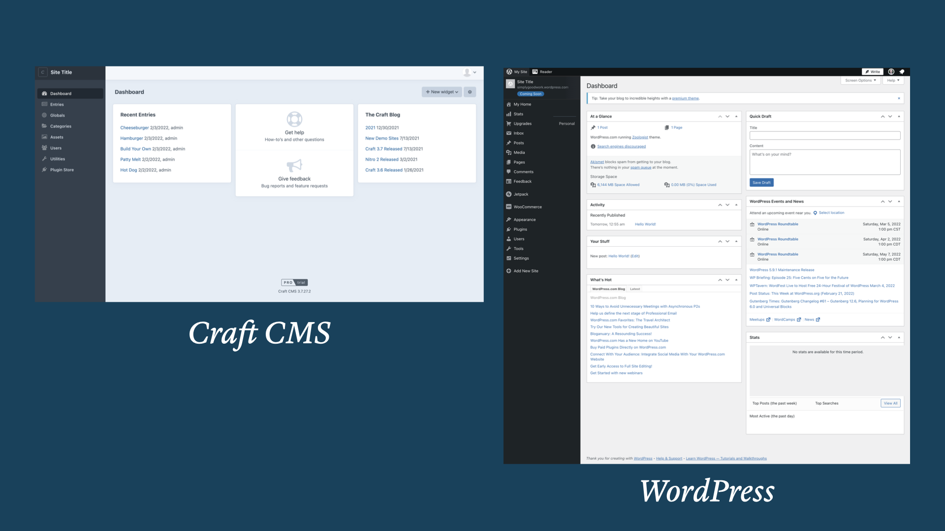 Craft CMS and WordPress admin panels side by side