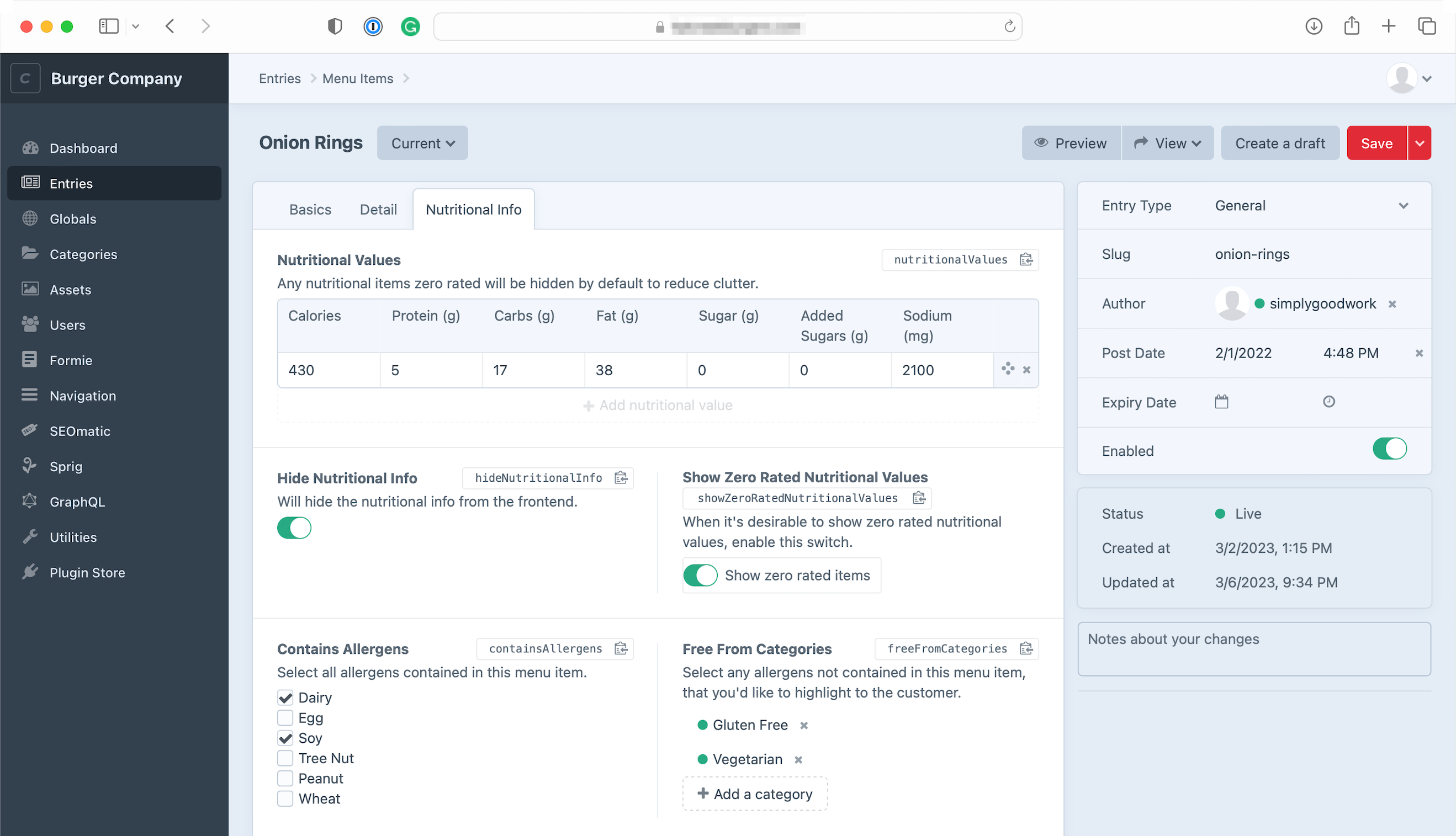 Screenshot of the Craft content management system control panel