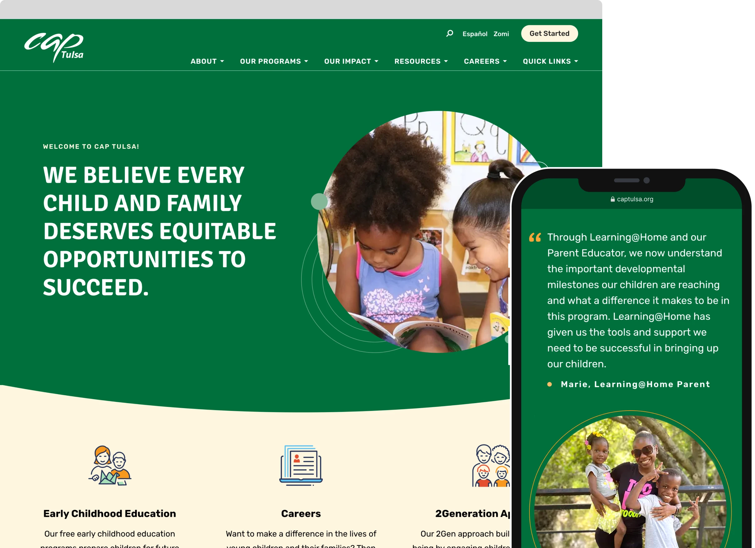 Screenshots of the vibrant Cap Tulsa website design at desktop and mobile widths