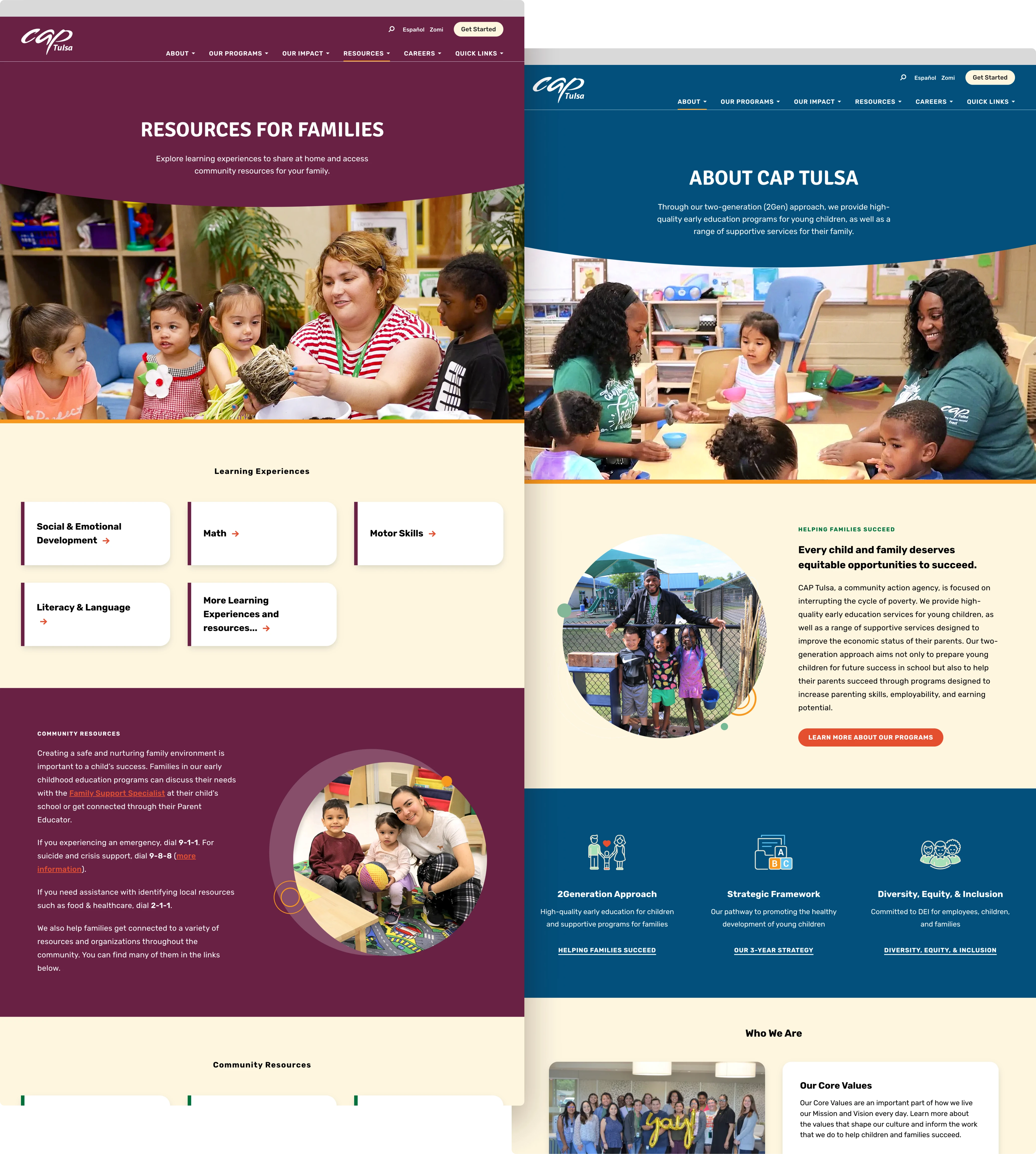 Screenshots of the 'Resources for families' and 'About Cap Tulsa' pages from the Cap Tulsa website