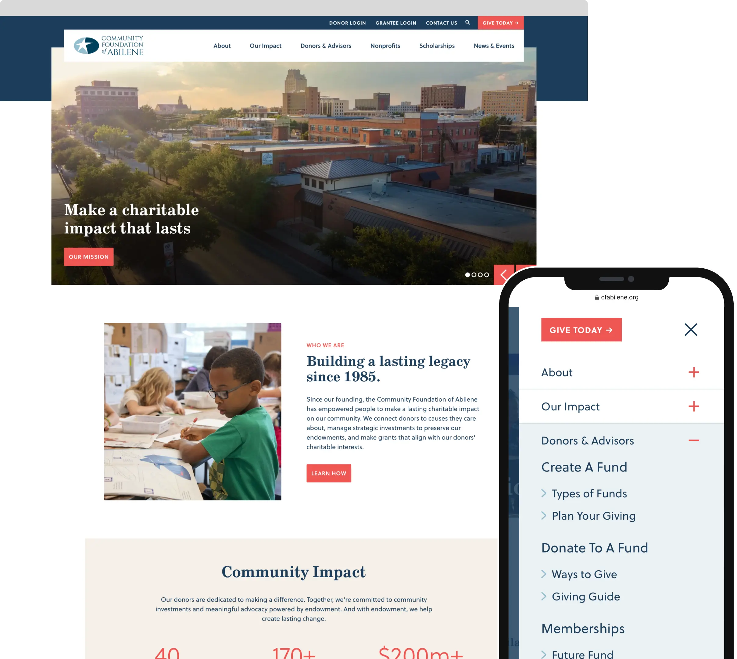 Screenshots of the Community Foundation of Abilene website