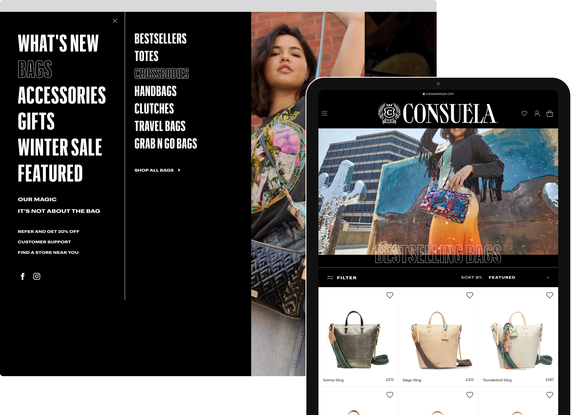 Desktop browser and tablet displaying the Consuela Style website