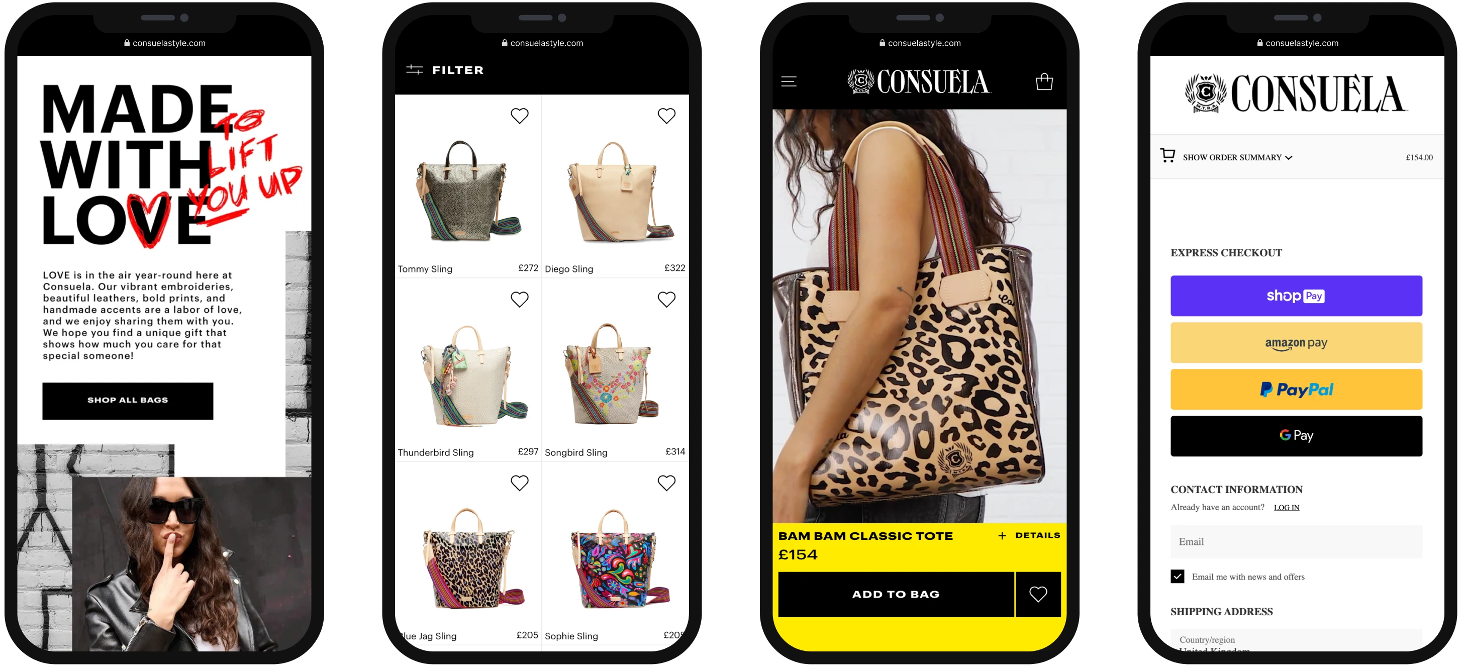 Various smartphone screens include the bag selection and payment screens from the online store