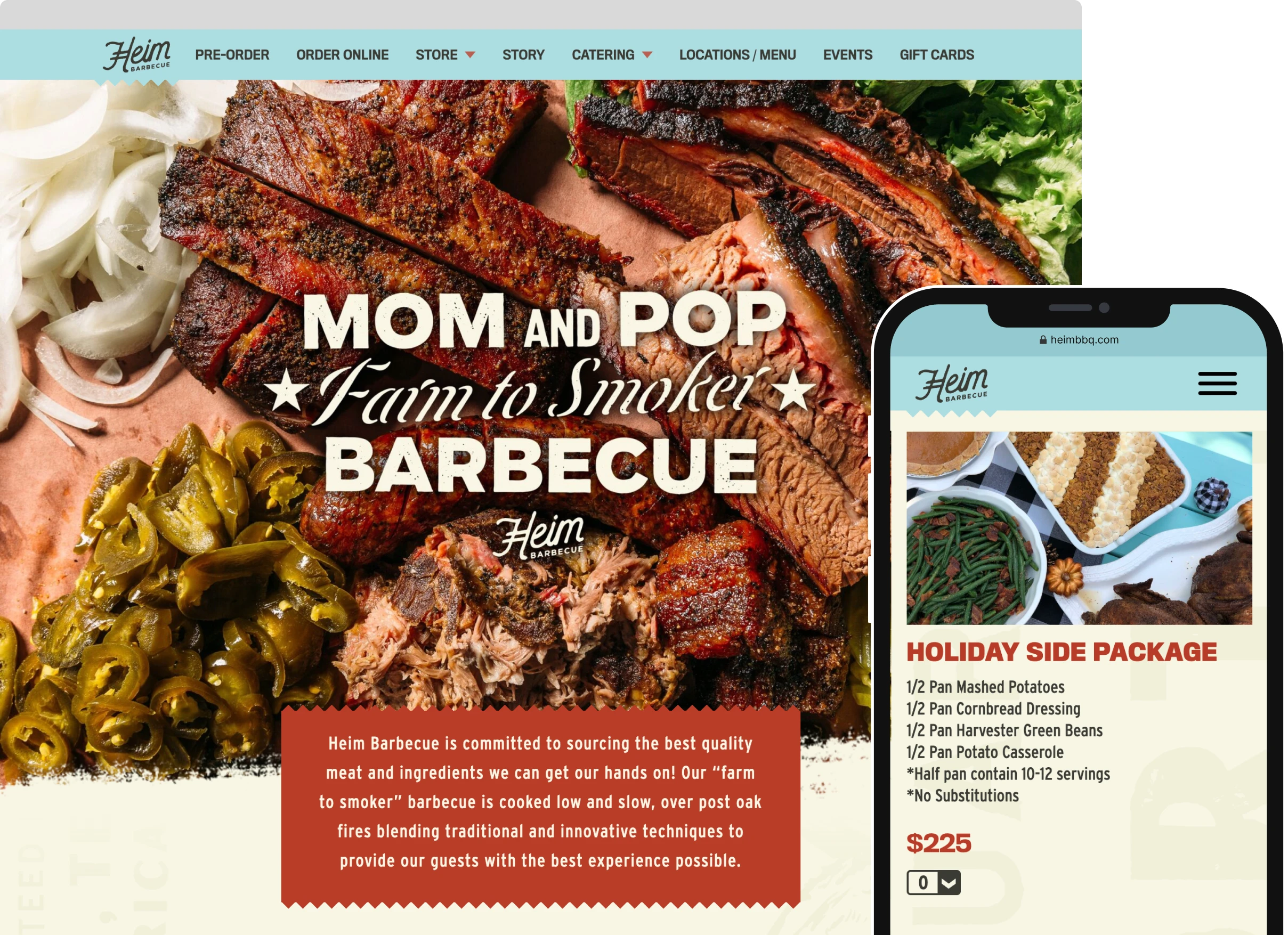 A desktop browser and smartphone displaying the Heim Barbeque website