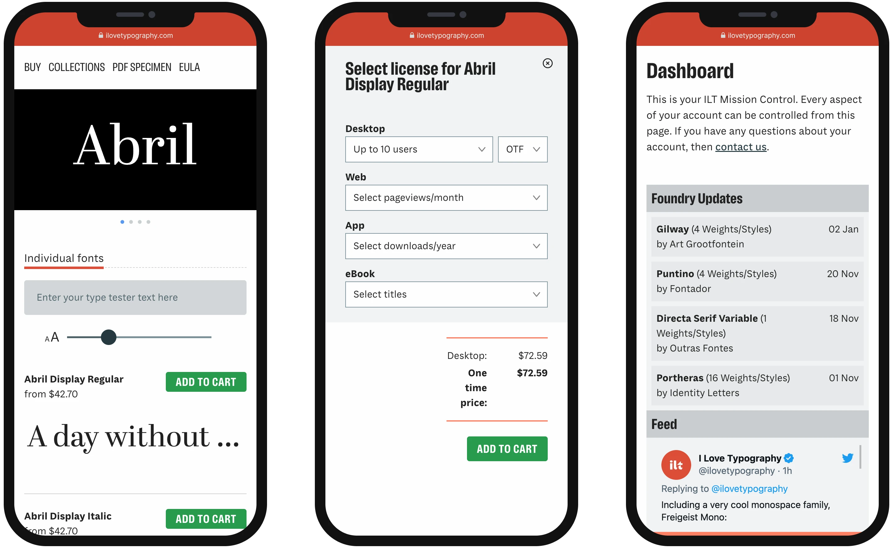 Various mobile screens including the typetester and dashboard