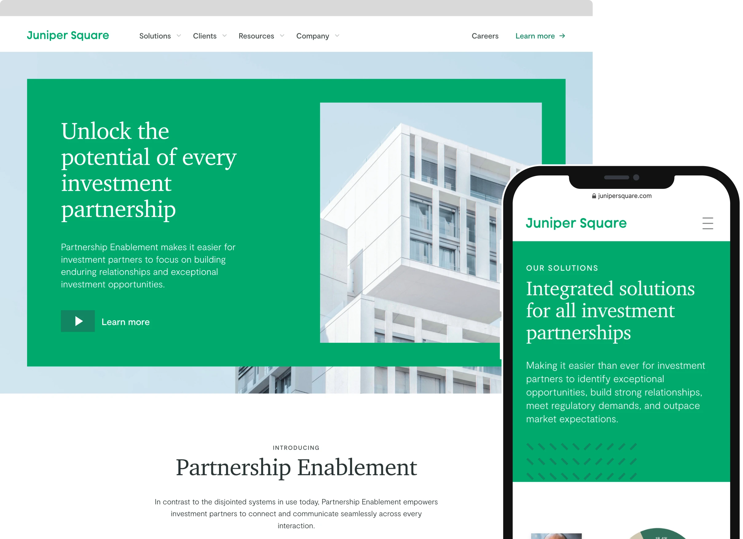 Screenshots of the Juniper Square website homepage and solutions page developed by Good Work