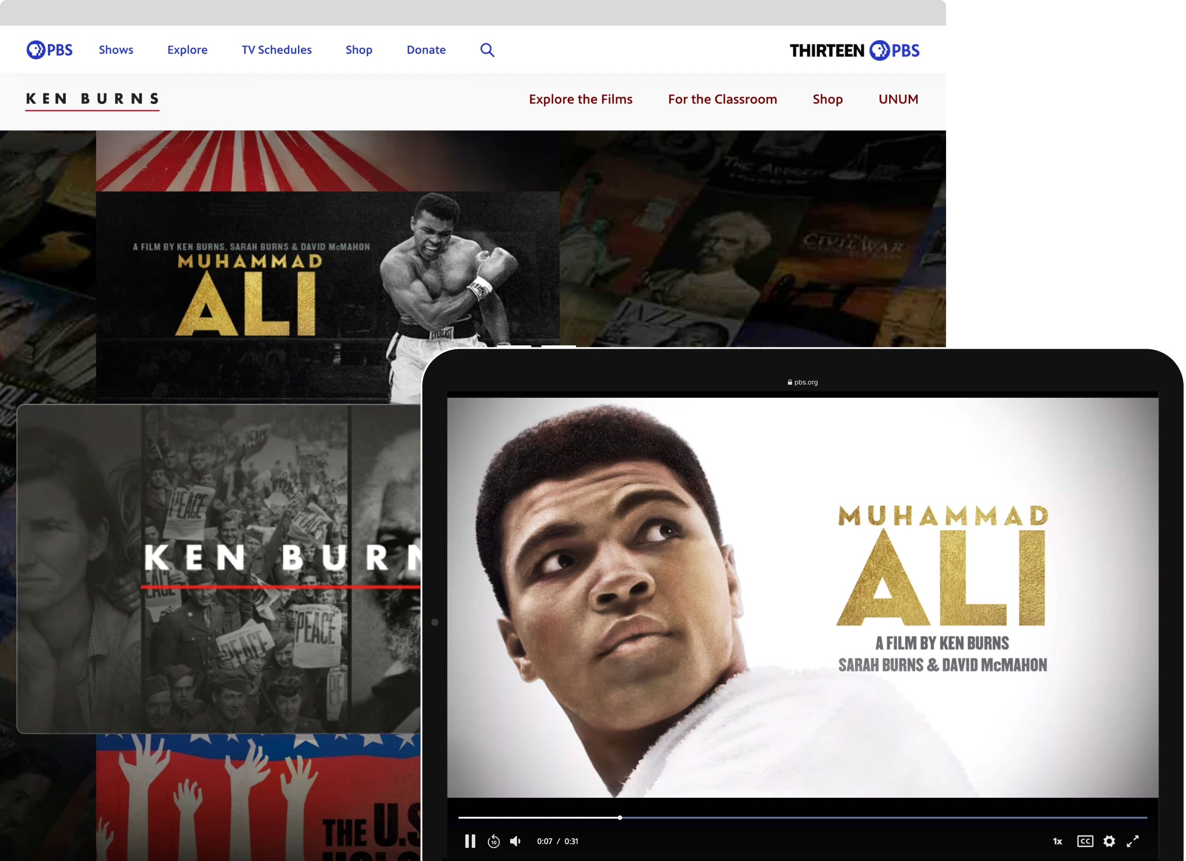 Screenshots of the PBS Ken Burns website developed by Good Work featuring the Muhammad Ali series