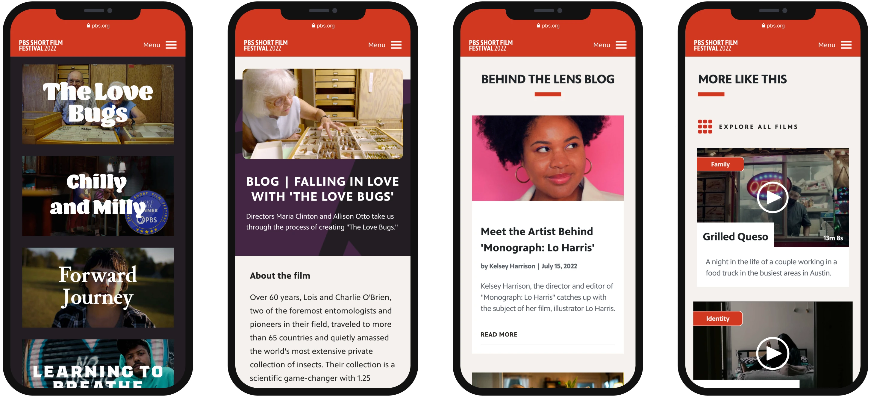 Various mobile screenshots from the PBS Short Film Festival website
