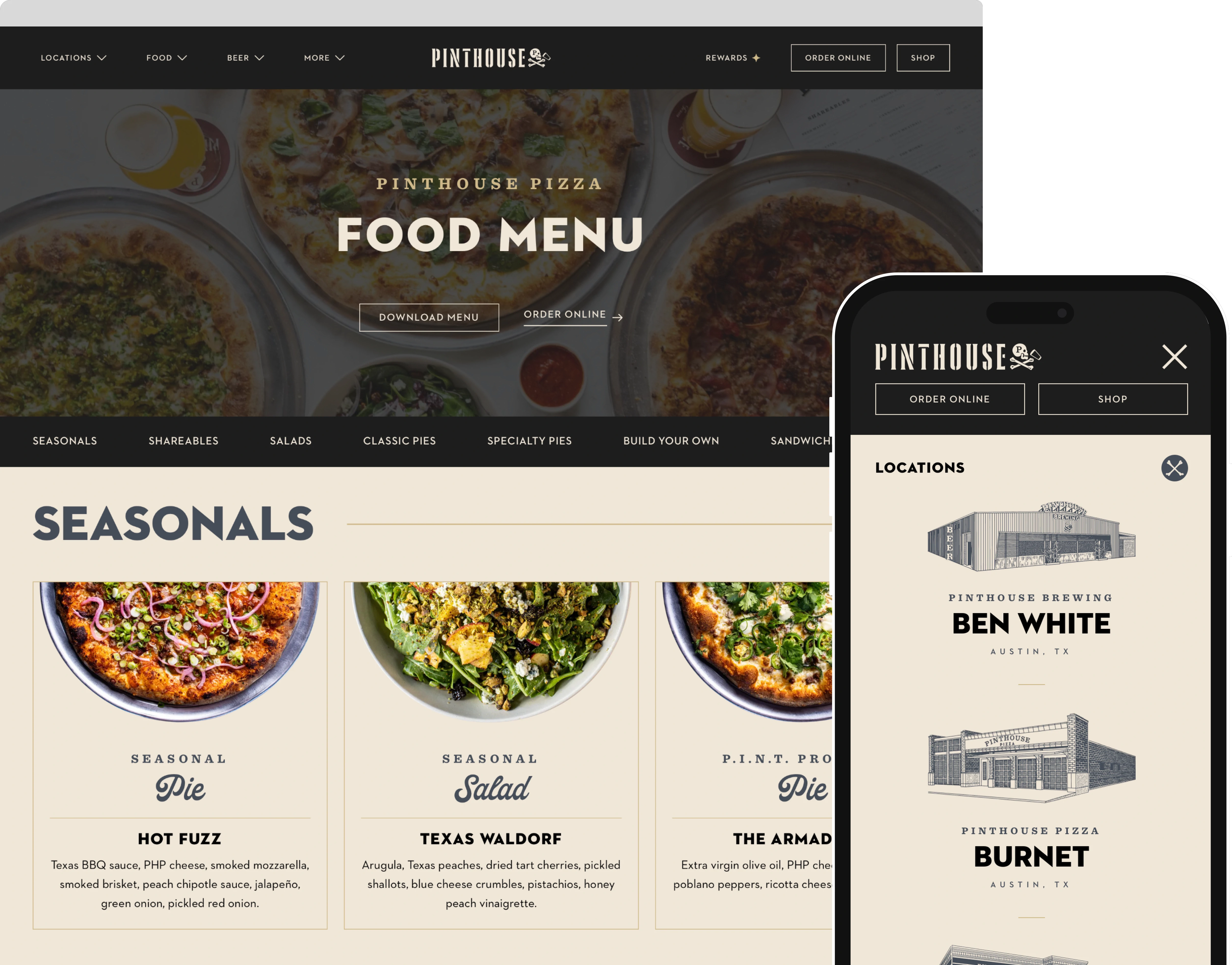 Screenshot of Pinthouse food menu and location illustrations