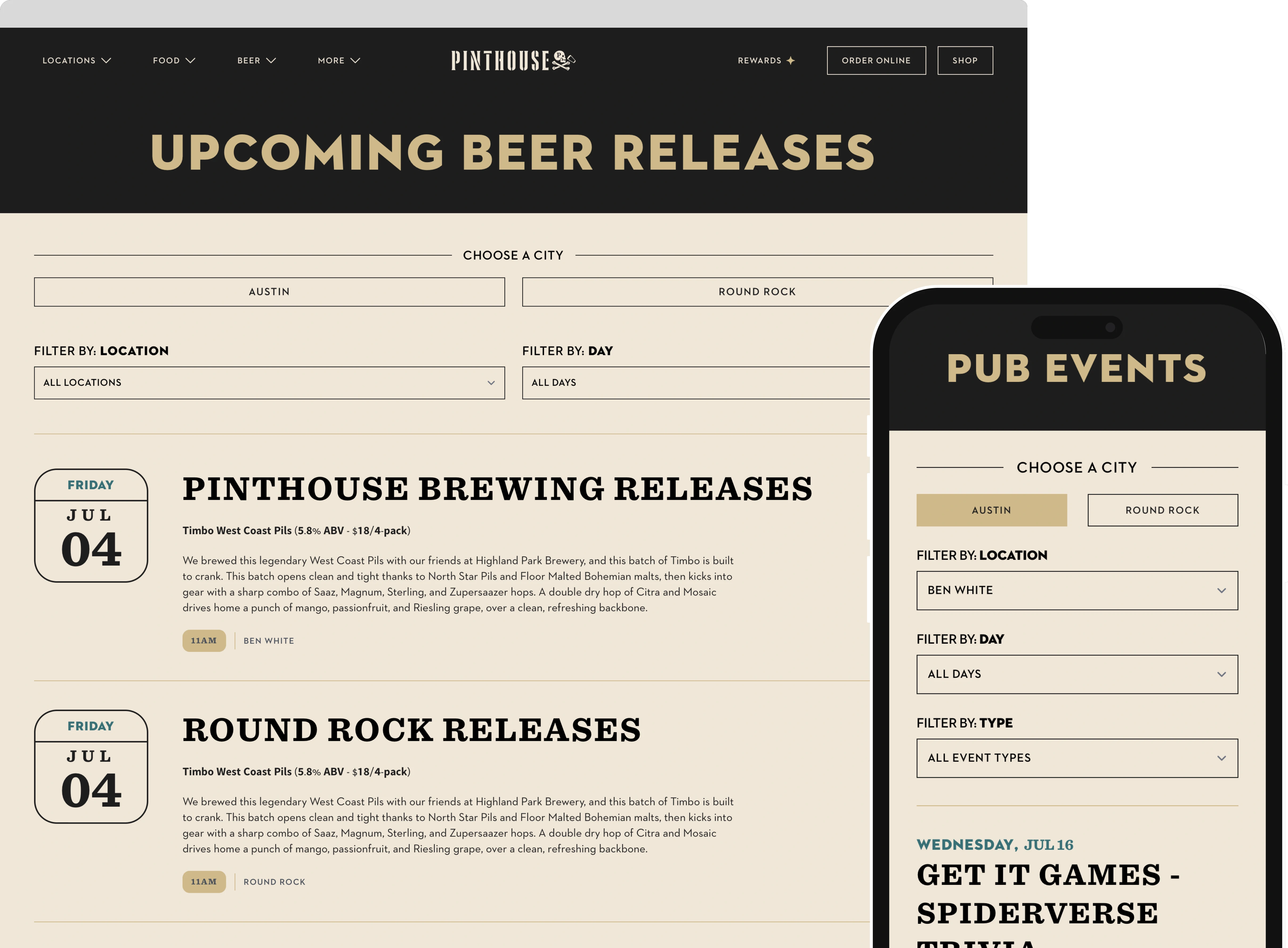 Screenshots of event listing pages