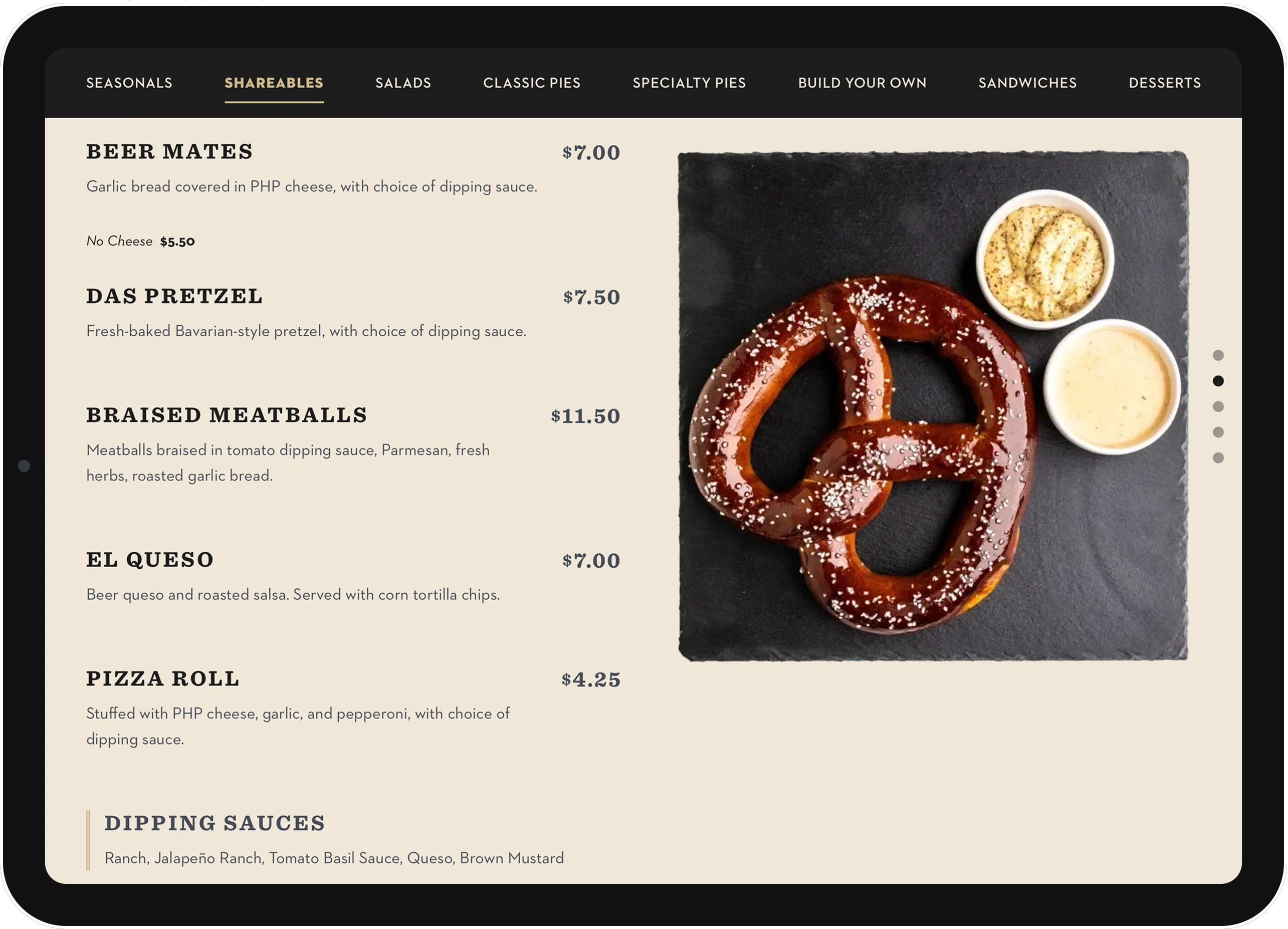Screenshot of Pinthouse food menu