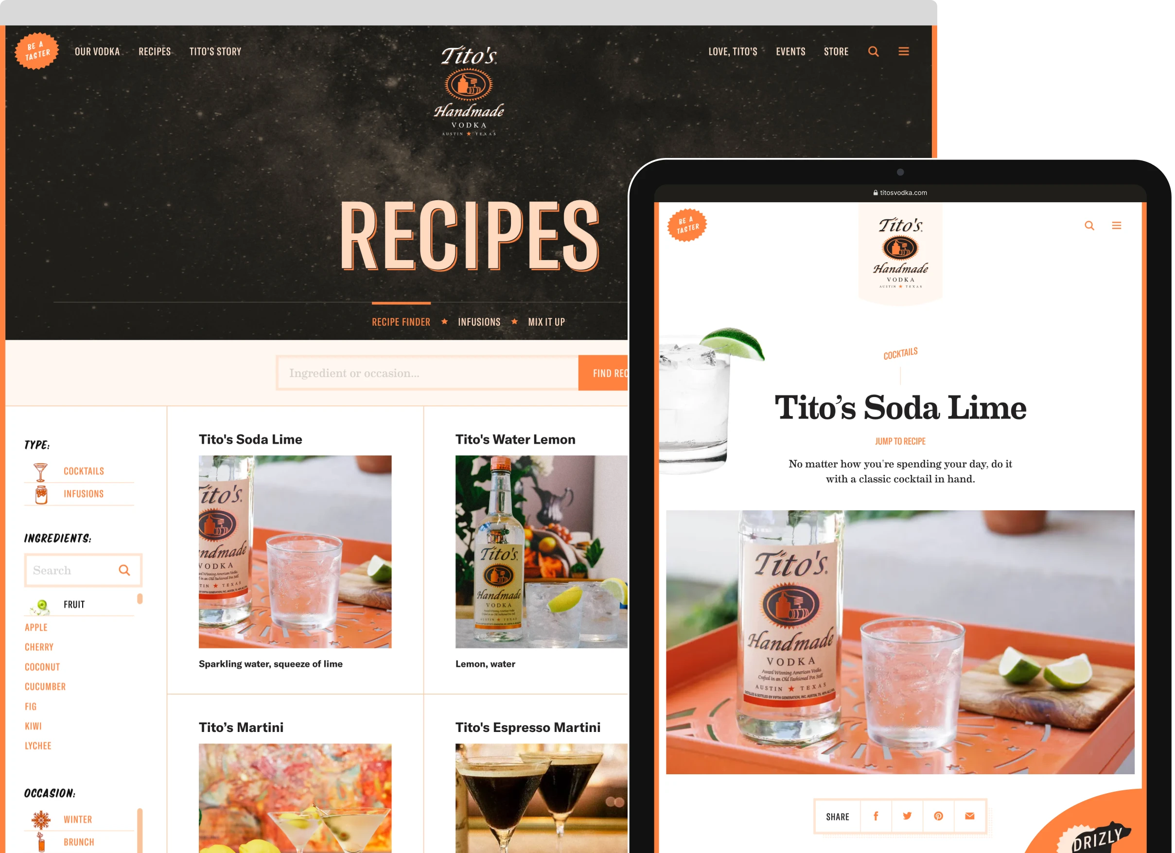 Screenshots of the Tito’s website