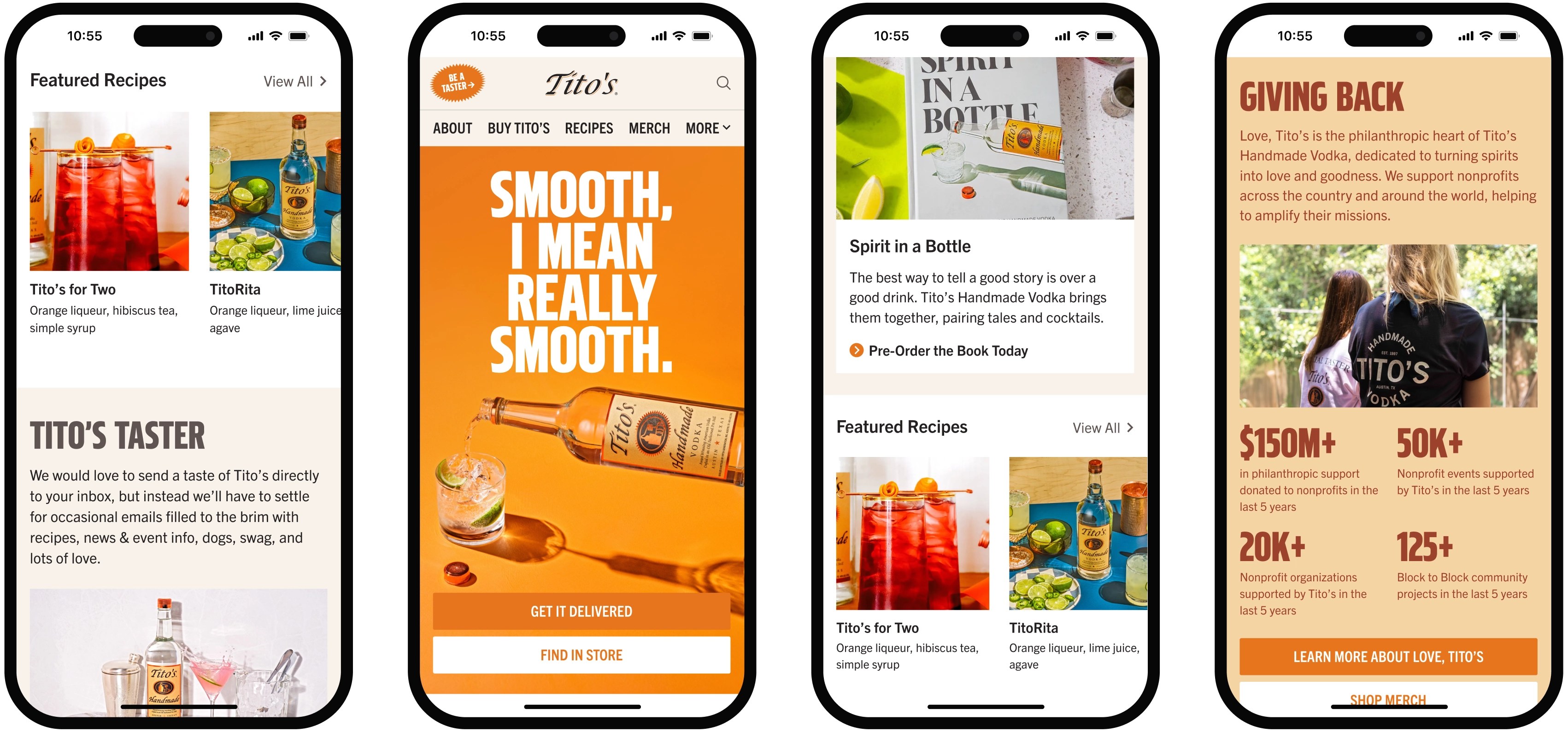 Four mobile screenshots of the Tito’s Handmade Vodka website showing featured cocktail recipes, a bold orange hero section with a bottle pouring into a glass, a ‘Spirit in a Bottle’ book promotion, and a Giving Back section highlighting Tito’s philanthropic work.